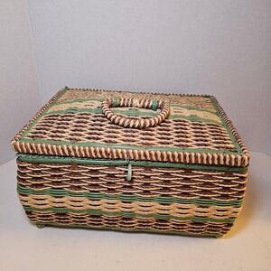Vintage Wicker Sewing Basket Woven Green Brown Tufted Satin Lining Mid Century